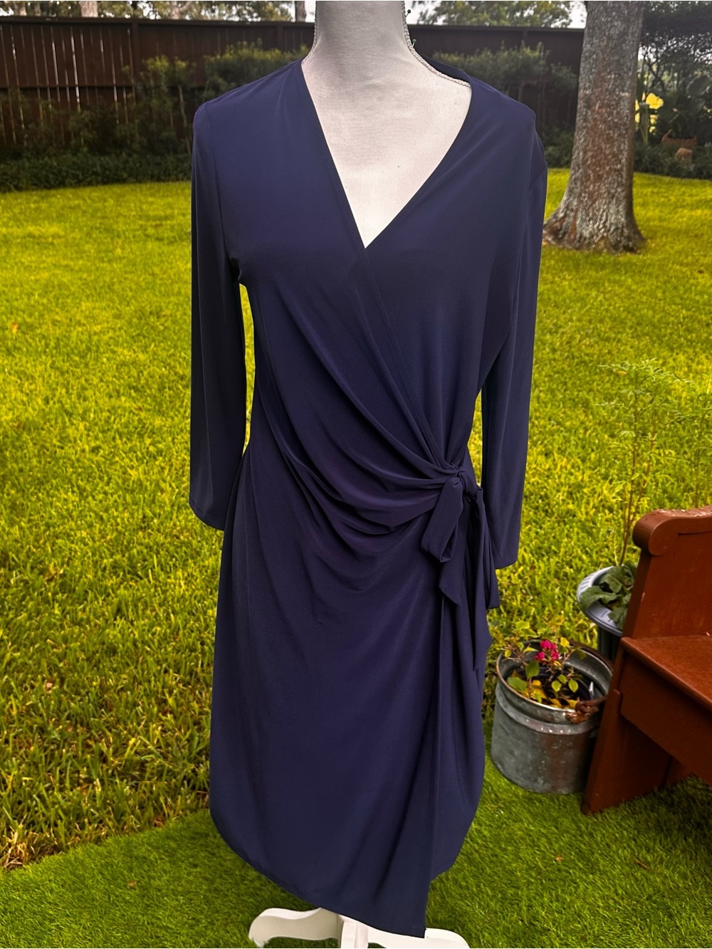Anne Klein Navy Long-Sleeve Faux-Wrap Dress with Side Tie